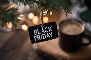 Cozy black friday scene with a festive tree ornament and a warm cup of coffee perfect for holiday shopping promotions
