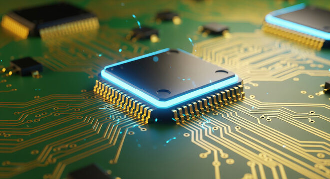 Glowing microchip on a green printed circuit board