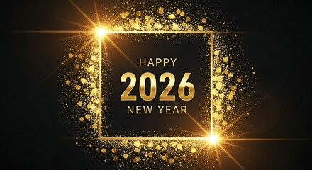 Golden illuminated square frame with sparkling glitter and bright light flares surrounding the year 2026 in bold gold font celebrating the upcoming new year