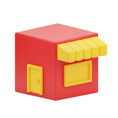 Simple red cube shaped storefront with yellow awning and door isolated on transparent background