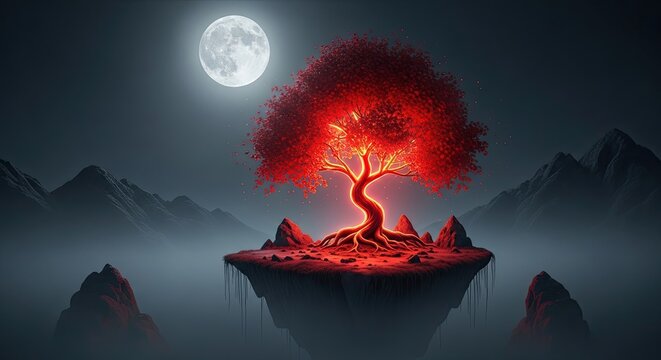 Mystical Crimson Tree Floating Island Under Full Moon