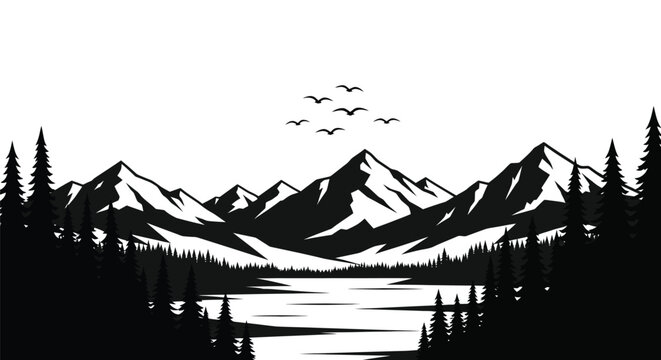 Stunning mountain landscape with birds flying overhead in silhouette - Powered by Adobe