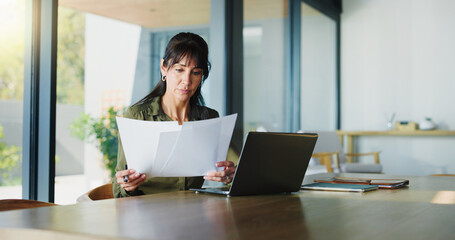 Business, woman and document with laptop at house for real estate, property report and contract....