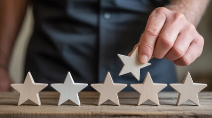 Star Rating Excellence: Close-up shot showcases a hand precisely placing a star amidst a row of stars, symbolizing impeccable quality, excellence, and exceptional service.