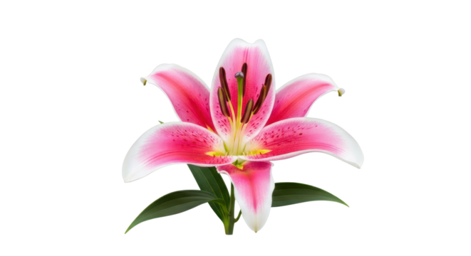 Beautiful pink and white lily flower bloom with green leaves for floral projects and decoration isolated PNG with Transparent Background
