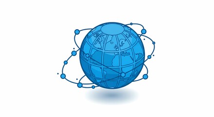Blue globe illustration with orbiting nodes representing global connectivity and technology advancements