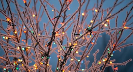 Frosty Branches Adorned With Colorful Christmas Lights During Winter Twilight