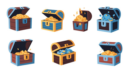 Collection of colorful treasure chests overflowing with gold coins and gems, representing wealth and riches.