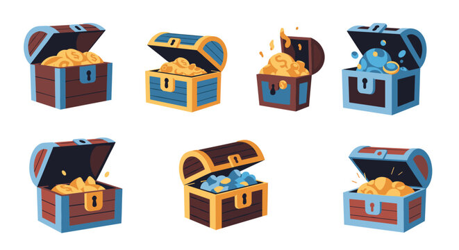 Collection of colorful treasure chests overflowing with gold coins and gems, representing wealth and riches.