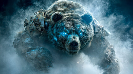 A cybernetic armored bear with glowing blue eyes emerging from the fog, concept art of a futuristic sci-fi beast