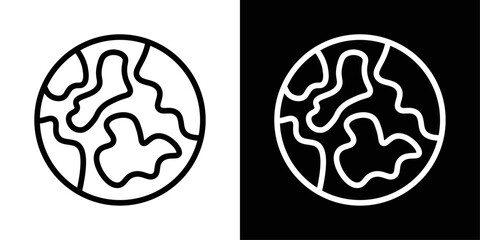 Earth globe icon in black and white stroke on background. Ideal for global concepts, environment, travel, geography, and international communication themes.