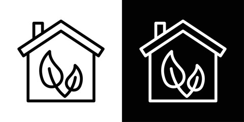 Eco house icon in black and white stroke on background. Perfect for sustainable living, green building, energy-efficient homes, and eco-friendly design concepts.