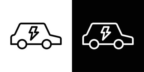 Electric car icon in black and white stroke on background. Ideal for EV charging apps, eco-transportation, sustainable mobility, and clean energy concepts.