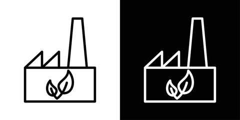 Factory with leaves icon in black and white stroke on background. Perfect for eco-industries, sustainable manufacturing, green energy, and environmental conservation concepts.