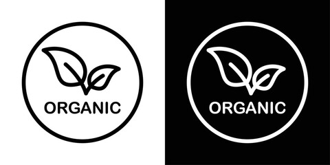 Organic product label icon in black and white stroke on background. Ideal for eco brands, packaging designs, healthy food visuals, and sustainability concepts.