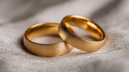An elegant close-up of two gold wedding rings on soft fabric, a symbol of love and commitment