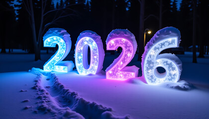 Glowing 2026 Numbers in Colorful Snowy Night Winter Scene
