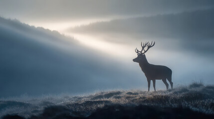 A majestic deer stands in the morning mist, a serene wildlife landscape in soft sunlight
