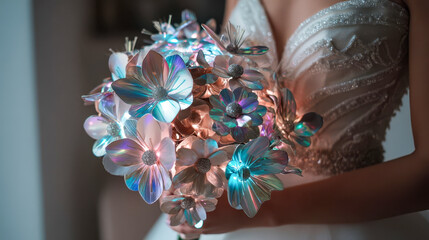 A futuristic bride holds an iridescent cyberbouquet of glowing metallic flowers with holographic light reflections