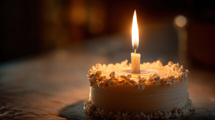 Burning candle on minimalist cake, warm and intimate birthday celebration close-up