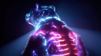 A futuristic silhouette of a cyber bear with a glowing neon spine and bioluminescent fur