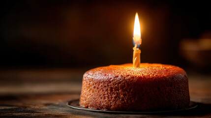 A single candle on a homemade cake, a minimalist holiday dessert in warm candlelight