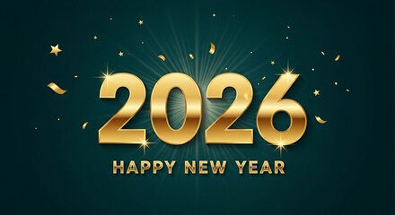 Golden 2026 happy new year text with falling confetti and stars on a dark green background with light rays symbolizing celebration and new beginnings for the upcoming year