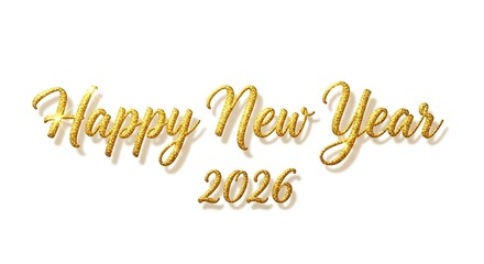Elegant golden cursive script text happy new year with the year 2026 displayed below on a clean white background perfect for festive celebrations and invitations