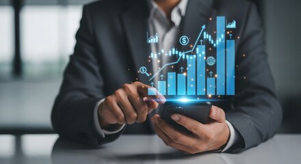 Businessman using smartphone with holographic financial growth charts and data analysis