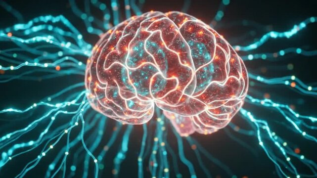 A radiant complex central structure resembling a brain illuminated with red and blue internal lights Numerous glowing blue lines with luminous points extend outwards on a dark backdrop