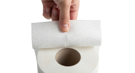 Hand holding a roll of white toilet paper on a greenscreen