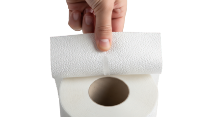 Hand holding a roll of white toilet paper on a greenscreen