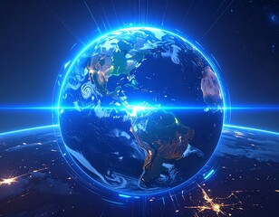 Digitally rendered planet Earth with glowing energy rings and light
