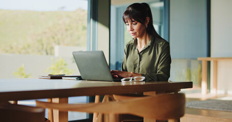 Research, woman or typing with laptop in house for remote work, blog publication or editor...