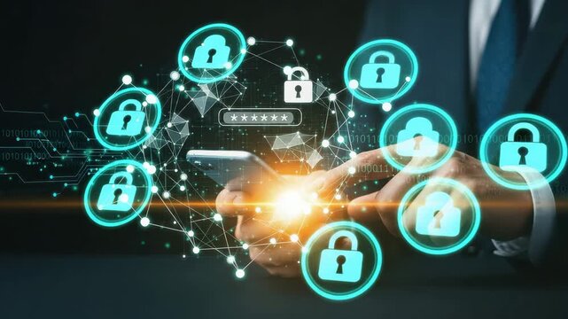 Businessman using smartphone for secure login with digital network and binary code overlay