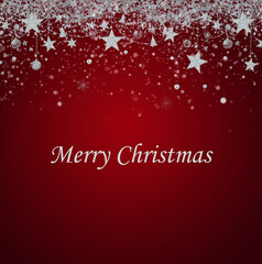 Merry Christmas Greeting Card: Red and Silver Festive Background with Star Ornaments