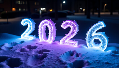 Glowing 2026 Numbers in Colorful Snowy Night Winter Scene