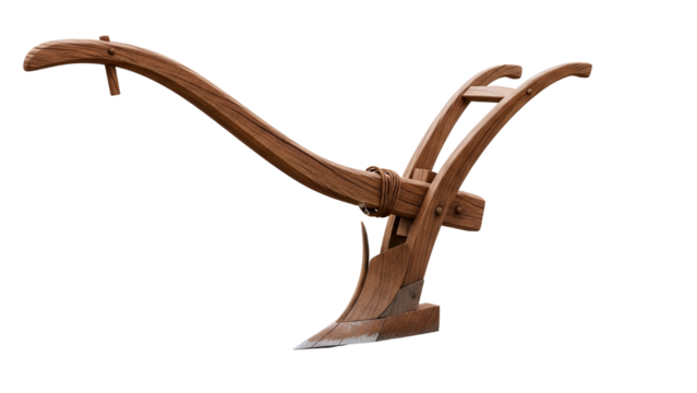 Antique wooden plow used for farming and agriculture isolated on transparent background