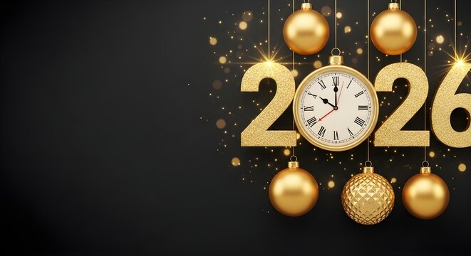 Golden 2026 new year clock with christmas balls on a dark background - Powered by Adobe