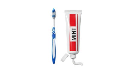 Toothbrush and tube of Mint toothpaste for daily dental health and oral hygiene concept. isolated PNG with Transparent Background