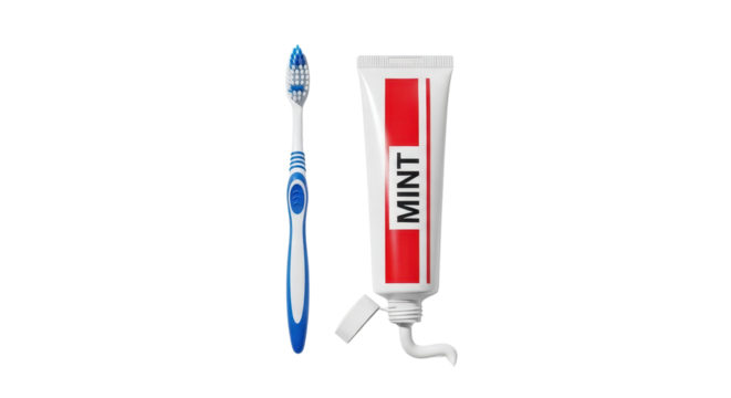 Toothbrush and tube of Mint toothpaste for daily dental health and oral hygiene concept. isolated PNG with Transparent Background