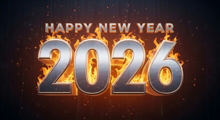 Fiery 2026 numbers illuminated by bright flames and sparkles announcing a bold and exciting new year celebration with a dark background