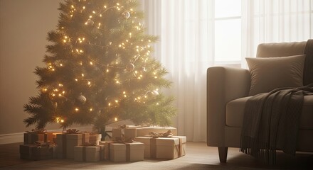 Cozy Living Room Decorated for the Holidays with Presents Under the Tree