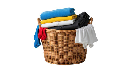 Overflowing wicker laundry basket stacked with colorful clothes, towels, and textiles for household chores. isolated PNG with Transparent Background