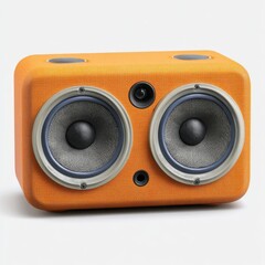 Orange fabric stereo speaker with dual woofers and tweeter, audio equipment isolated on white background