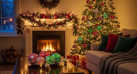 Cozy Christmas Living Room Scene with Fireplace and Decorated Tree