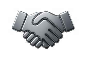 Metal handshake icon rendering representing business connection, trust, greeting, and successful corporation with a glossy grey finish