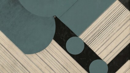 Abstract geometric composition with circles, lines, and contrasting colors.