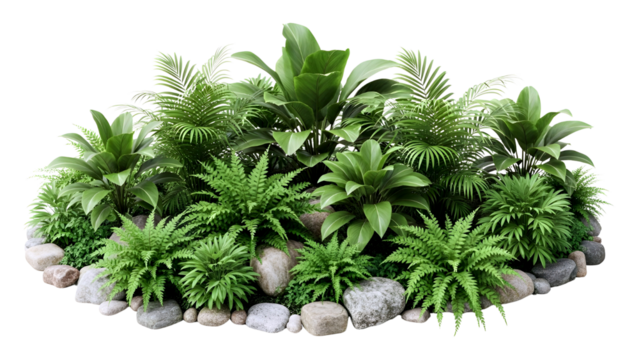 Lush green tropical plants and foliage arranged with natural stones isolated on transparent background