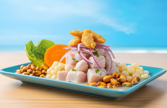 Delicious Peruvian ceviche with fried fish rinds, squid, and sweet potato on a wooden table facing the beach. Peruvian gastronomy.